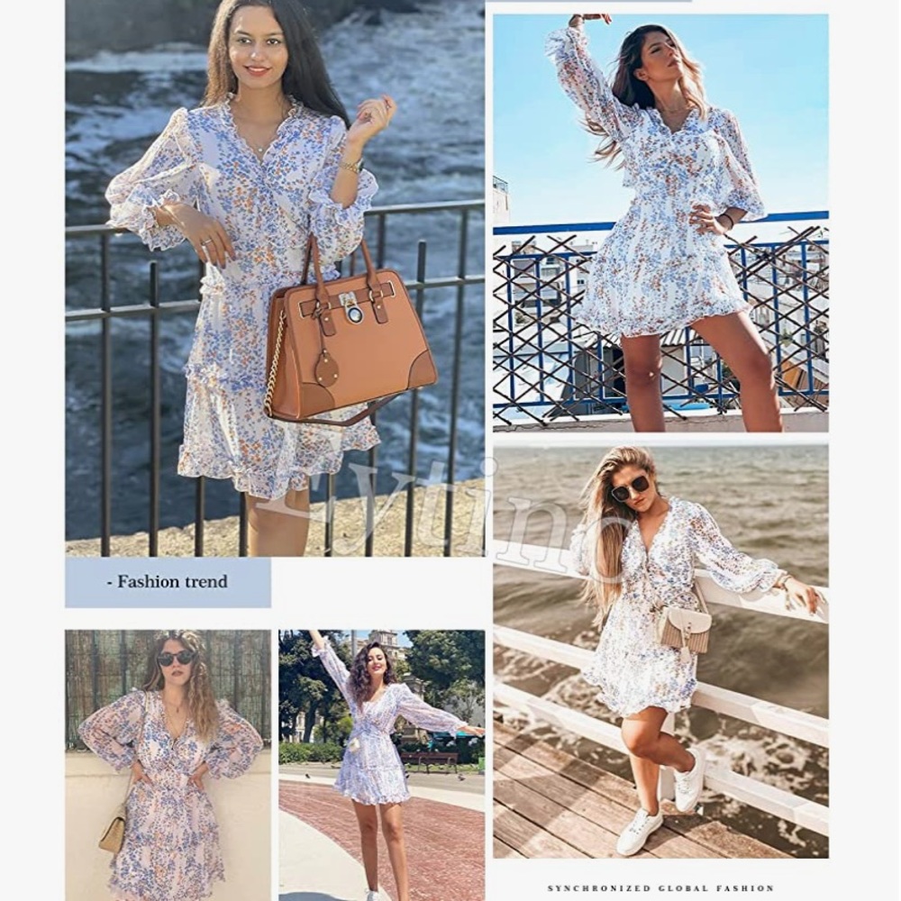 V Neck Long Sleeve Open Back Printed Mini Dress - Picture 5 of 8